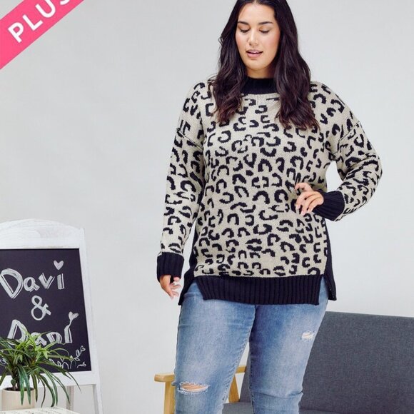 DAVI & DANI Plus Size Leopard Print Sweater | Black & Beige Knit Pullover - Picture 3 of 6